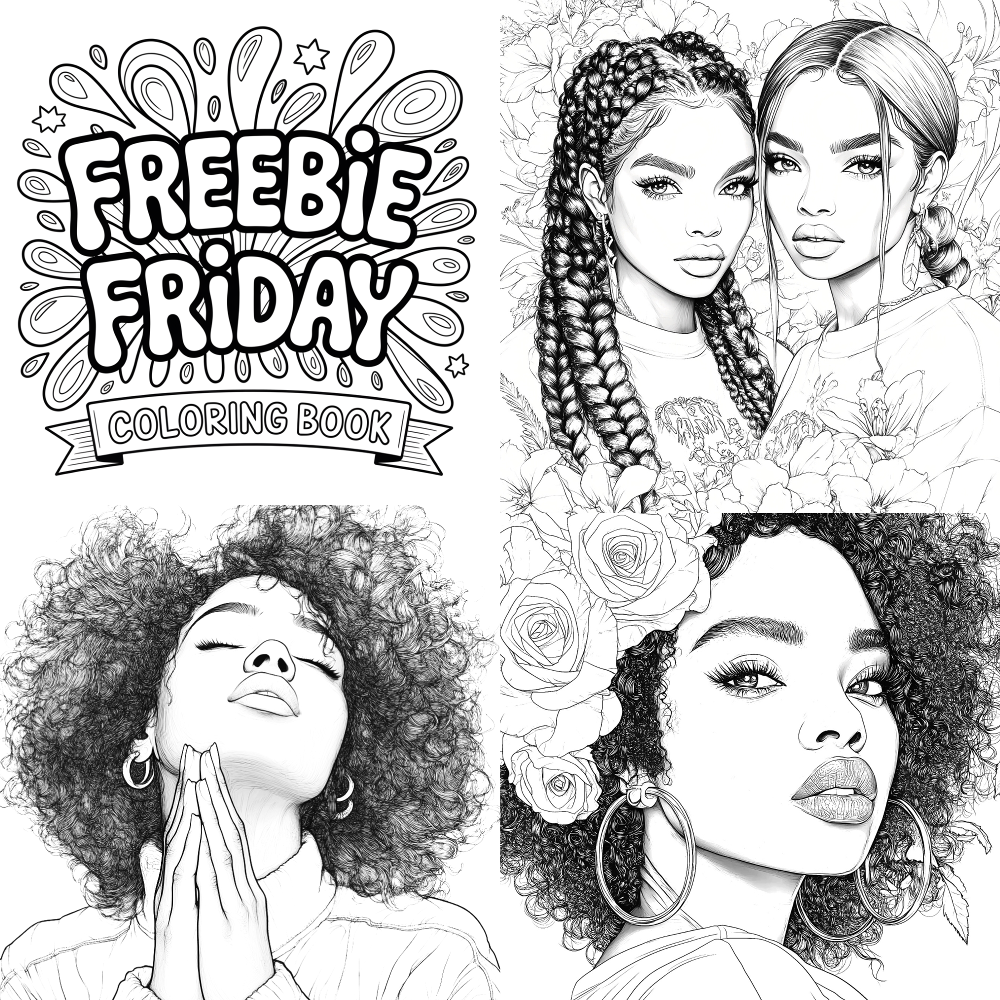 Freebie Friday Coloring Book – Melanin Beauty Black & White Edition (26 Images)